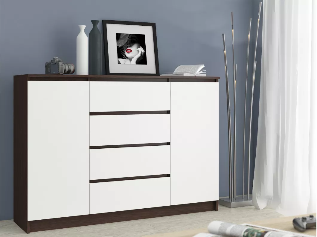 Kauf Unique Kommode AKORD K140 Wenge 138 cm 2 Türen 4 Schubladen 4 Ebenen Front Weiß B138 x H99 x T40 cm