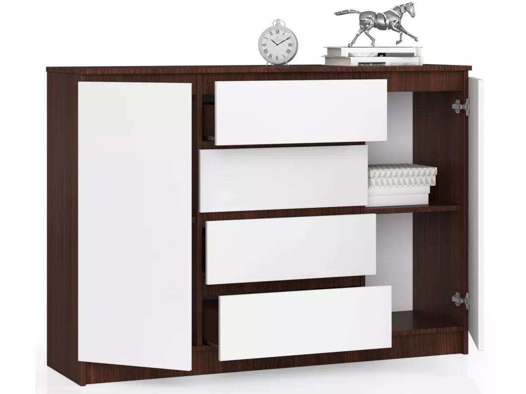 Kauf Unique Kommode AKORD K140 Wenge 138 cm 2 Türen 4 Schubladen 4 Ebenen Front Weiß B138 x H99 x T40 cm Im Verkauf