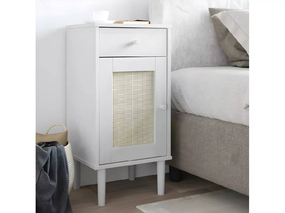 Kauf Unique Nachttisch SENJA Rattan-Look Weiß 40x35x80 cm Massivholz Kiefer