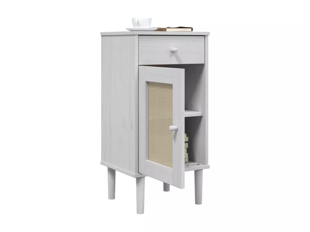 Kauf Unique Nachttisch SENJA Rattan-Look Weiß 40x35x80 cm Massivholz Kiefer Bis zu 60% Rabatt