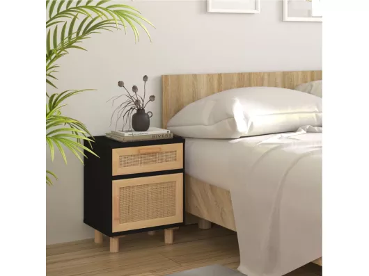 Kauf Unique Nachttisch Schwarz Massivholz Kiefer und Natur-Rattan