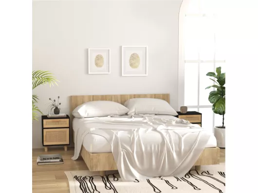 Kauf Unique Nachttisch Schwarz Massivholz Kiefer und Natur-Rattan Günstiger Verkauf