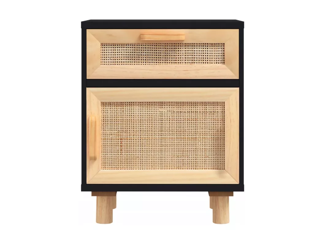 Kauf Unique Nachttisch Schwarz Massivholz Kiefer und Natur-Rattan Günstiger Verkauf