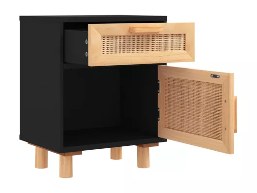 Kauf Unique Nachttisch Schwarz Massivholz Kiefer und Natur-Rattan Günstiger Verkauf