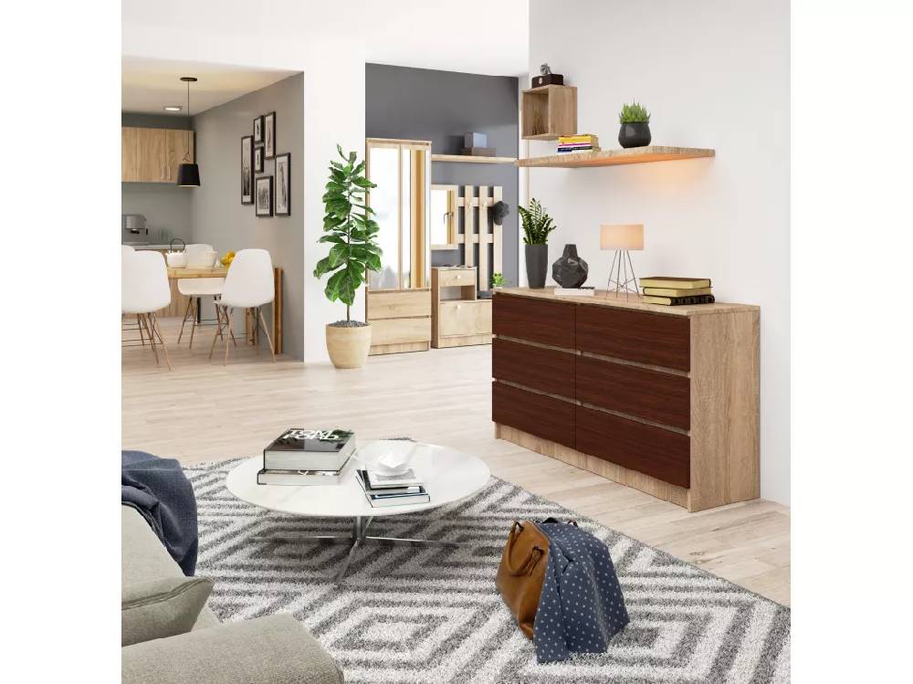 Kauf Unique Kommode AKORD K140 Sonoma-Eiche 138 cm 6 Schubladen Front Wenge B138 x H77 x T40 cm
