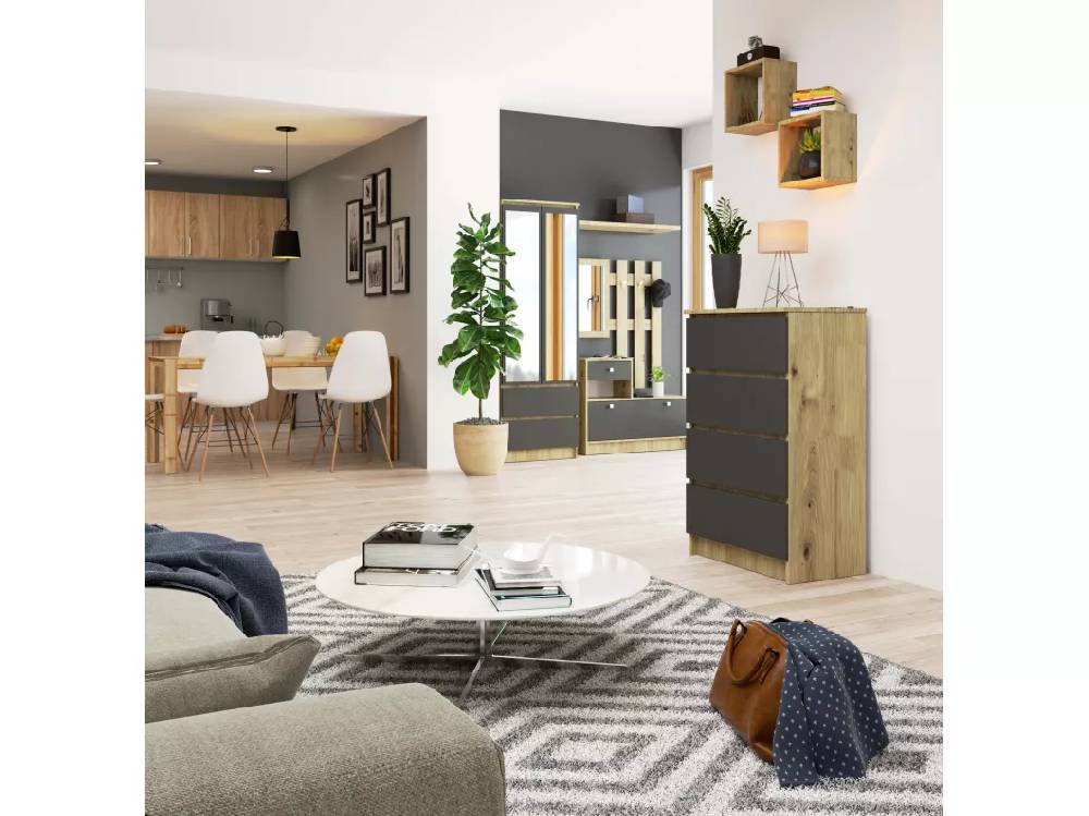 Kauf Unique Kommode AKORD K60 Eiche Artisan 60 cm 4 Schubladen Front Graphitgrau B60 x H99 x T40 cm Outlet