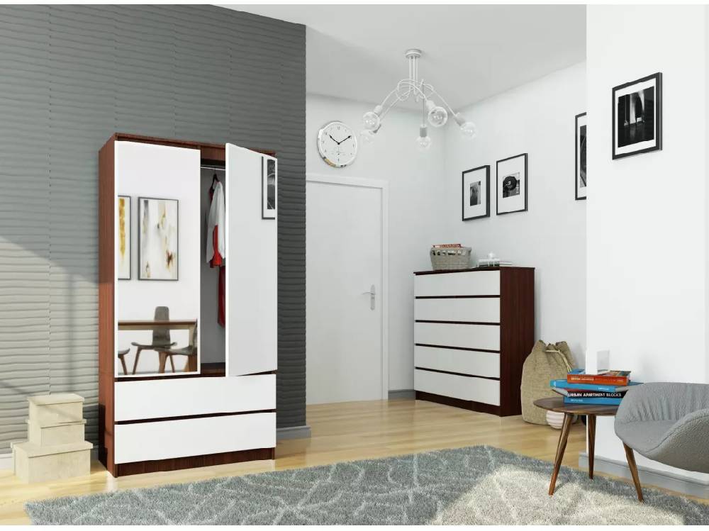 Kauf Unique Kleiderschrank AKORD S90 mit Spiegel Wenge 90 cm 2 Türen 2 Schubladen 4 Ebenen Front Weiß B90 x H180 x T51 cm