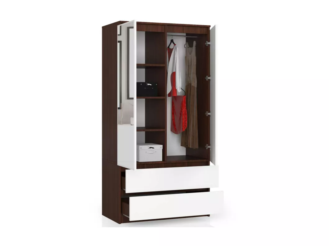 Kauf Unique Kleiderschrank AKORD S90 mit Spiegel Wenge 90 cm 2 Türen 2 Schubladen 4 Ebenen Front Weiß B90 x H180 x T51 cm 2025