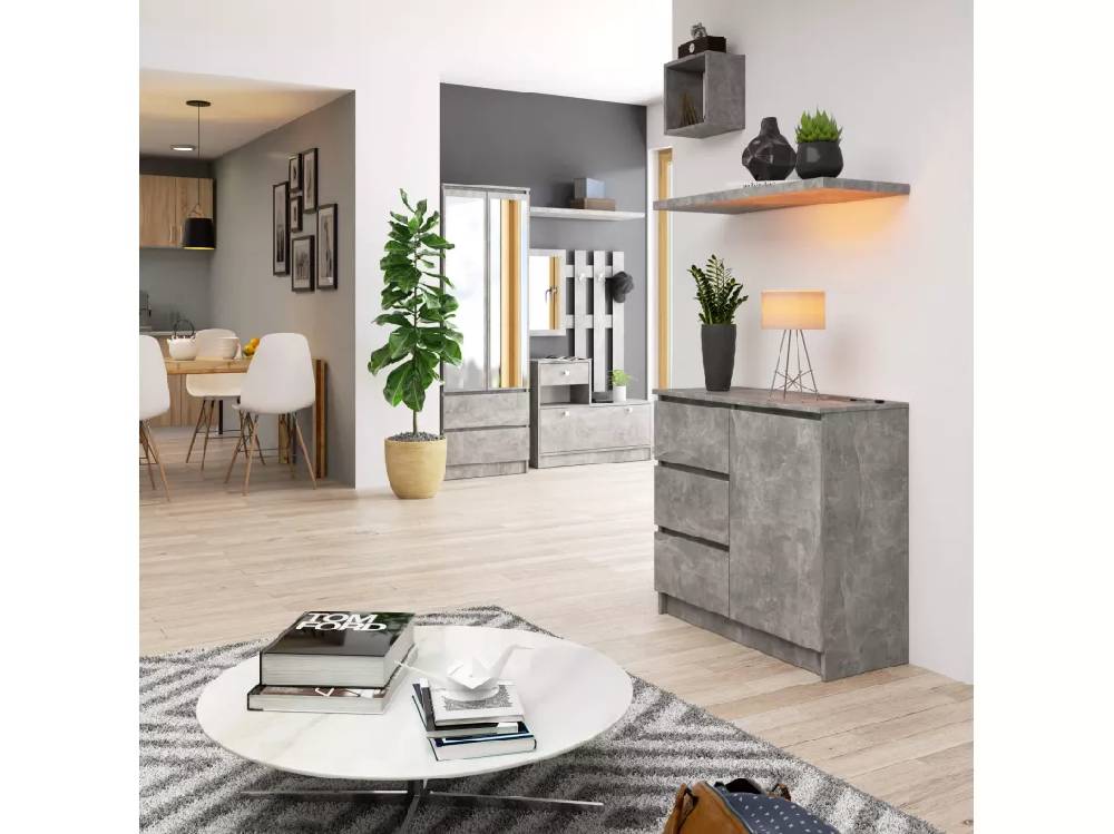 Kauf Unique Kommode AKORD JERRY Beton 80 cm Tür 3 Schubladen 2 Ebenen B80 x H77 x T35 cm