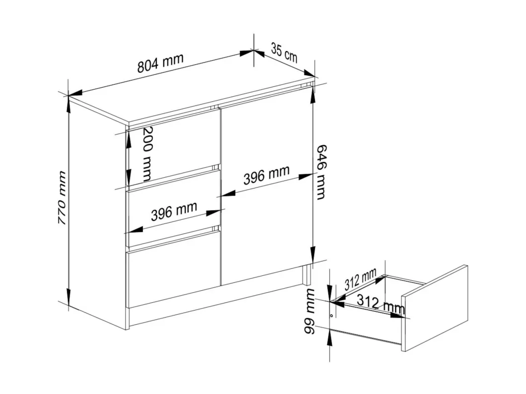 Kauf Unique Kommode AKORD JERRY Beton 80 cm Tür 3 Schubladen 2 Ebenen B80 x H77 x T35 cm Online