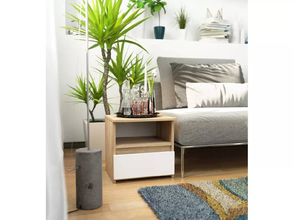 Kauf Unique Nachttisch in minimalistischer Optik AKORD CL1 in der Farbe Sonoma-Eiche Schublade Front Weiß B40 x H40 x T35 cm 2025