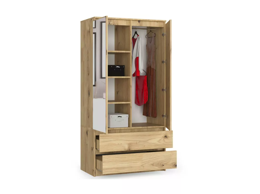 Kauf Unique Kleiderschrank AKORD S90 mit Spiegel Eiche Artisan 90 cm 2 Türen 2 Schubladen 4 Ebenen B90 x H180 x T51 cm Outlet