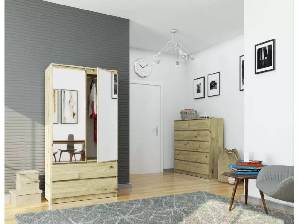 Kauf Unique Kleiderschrank AKORD S90 mit Spiegel Eiche Artisan 90 cm 2 Türen 2 Schubladen 4 Ebenen B90 x H180 x T51 cm Outlet