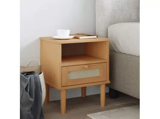 Kauf Unique Nachttisch SENJA Rattan-Look Braun 40x35x48cm Massivholz Kiefer