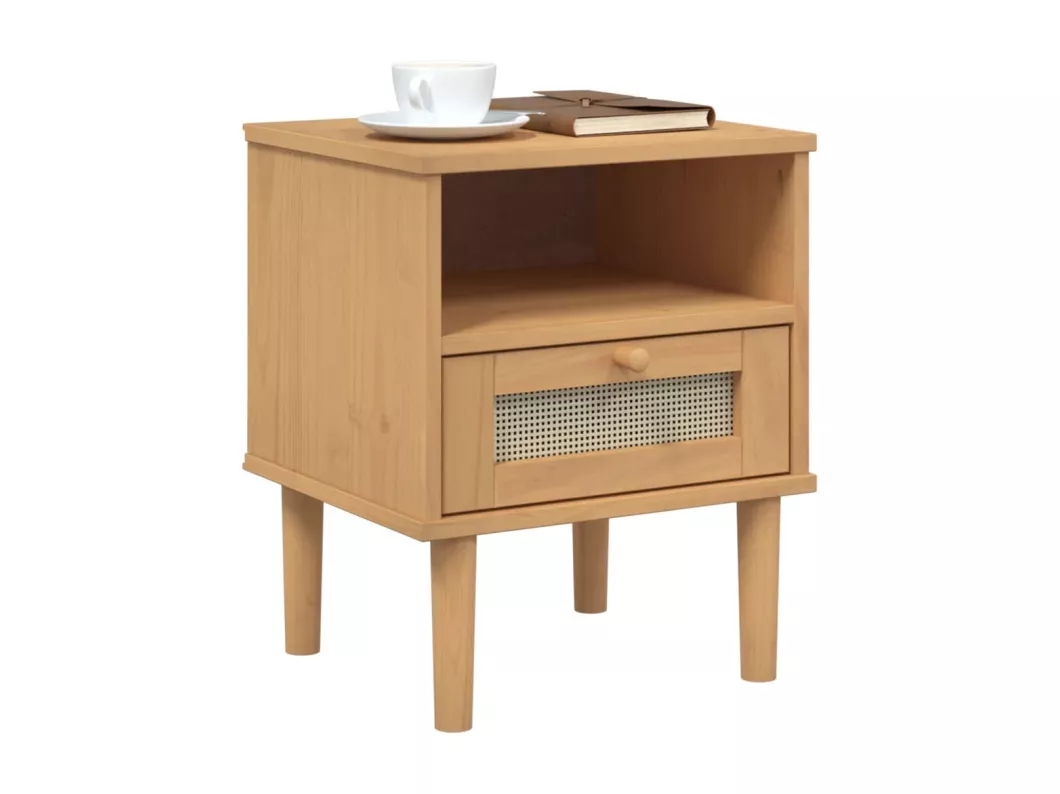 Kauf Unique Nachttisch SENJA Rattan-Look Braun 40x35x48cm Massivholz Kiefer Blitzangebot