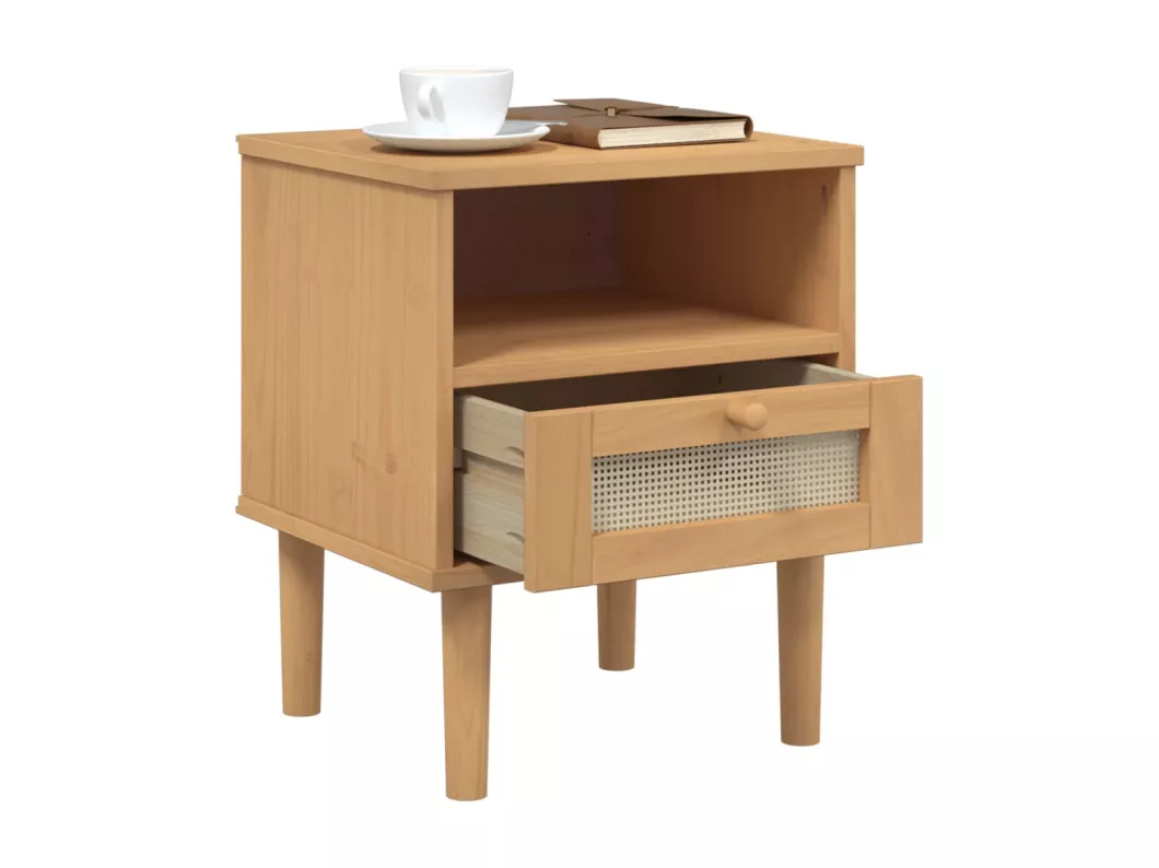 Kauf Unique Nachttisch SENJA Rattan-Look Braun 40x35x48cm Massivholz Kiefer Blitzangebot