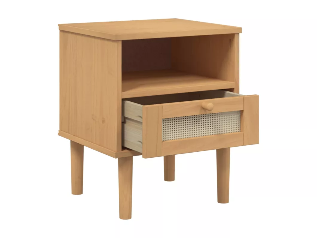 Kauf Unique Nachttisch SENJA Rattan-Look Braun 40x35x48cm Massivholz Kiefer Blitzangebot