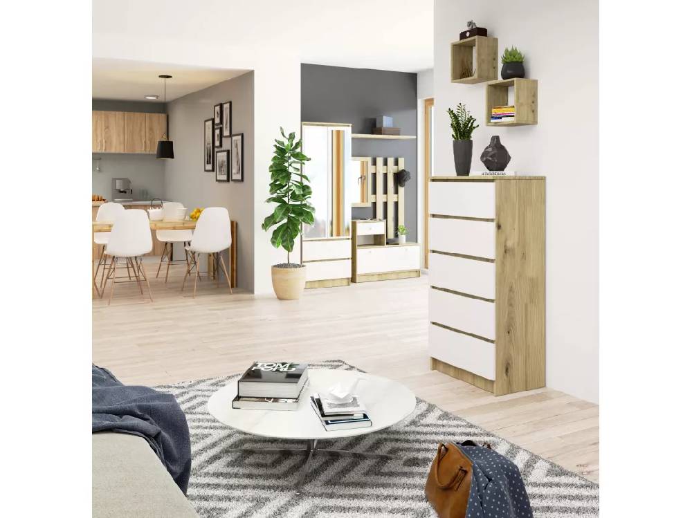 Kauf Unique Kommode AKORD K60 Eiche Artisan 60 cm 5 Schubladen Front Weiß B60 x H121 x T40 cm