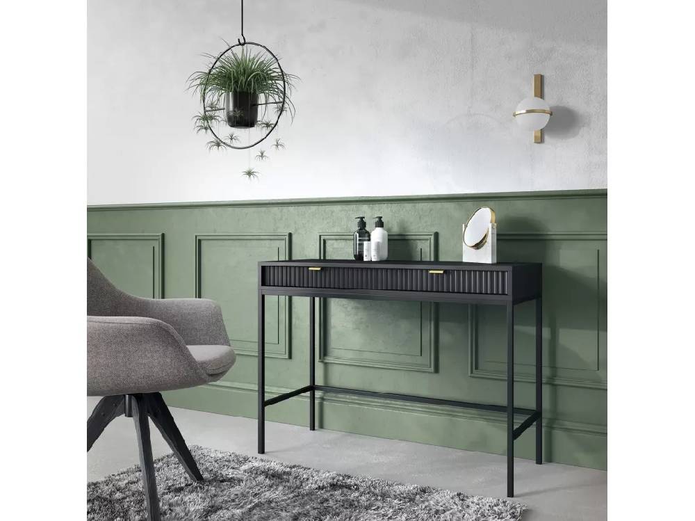 Kauf Unique Schminktisch Schreibtisch mit Schubladen - 104 cm - Schwarz mit geriffelten Fronten und schwarzen Metallbeinen - VELLORE