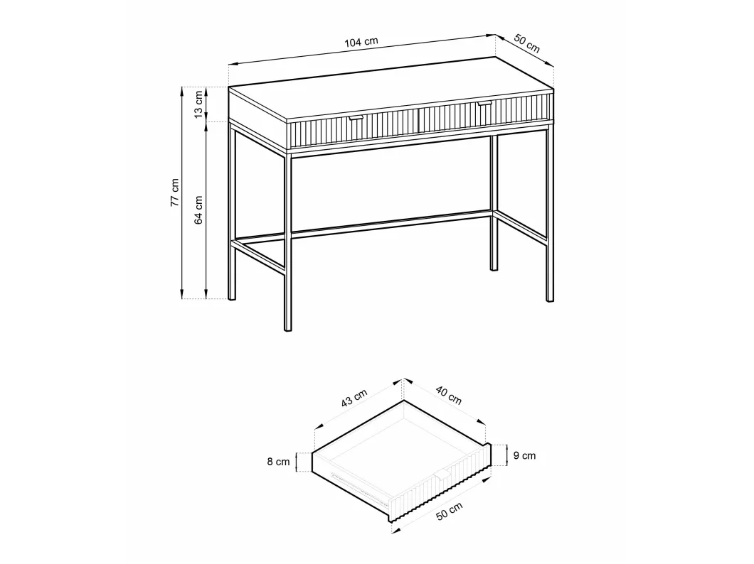 Kauf Unique Schminktisch Schreibtisch mit Schubladen - 104 cm - Schwarz mit geriffelten Fronten und schwarzen Metallbeinen - VELLORE Räumungsverkauf